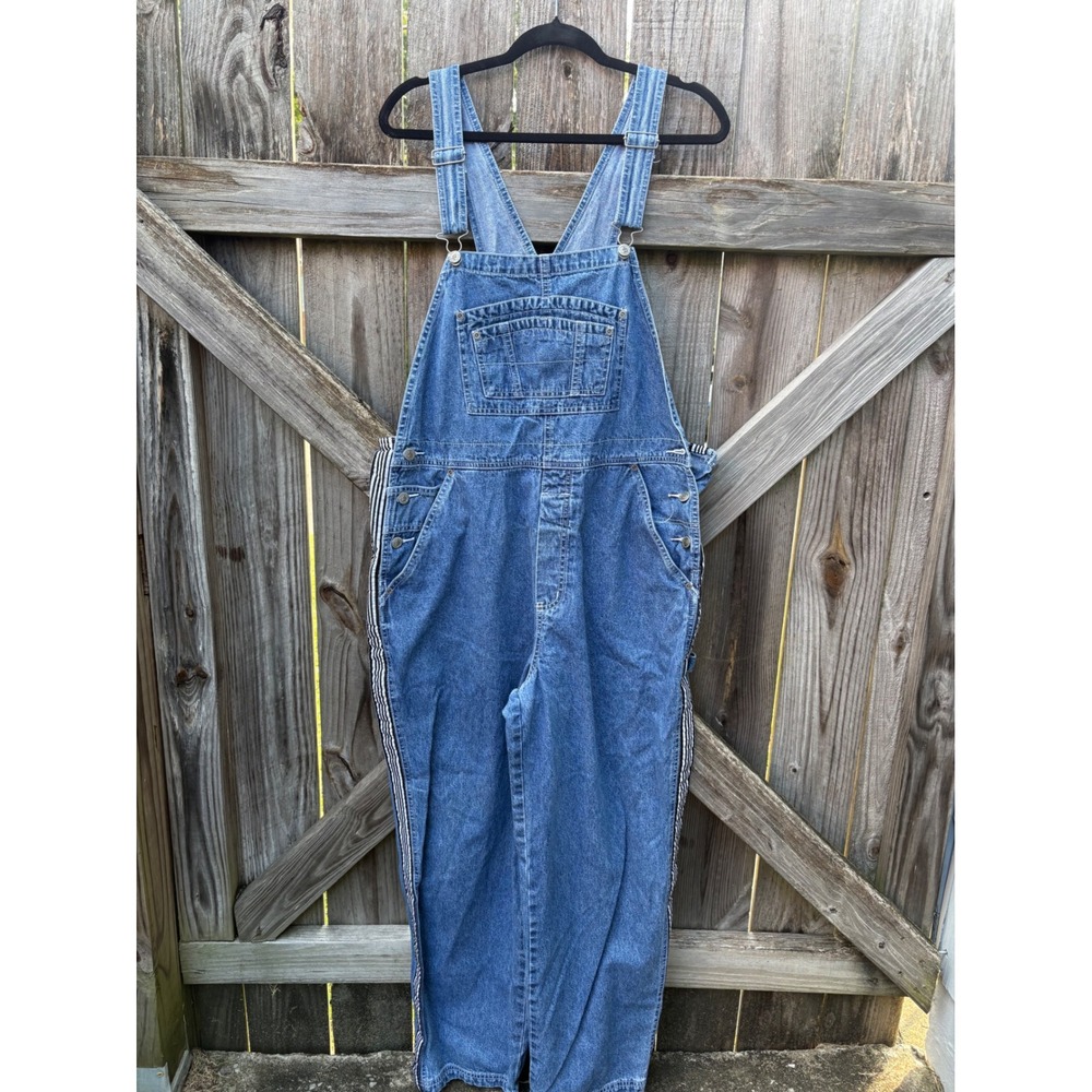 Arizona Jean Co Denim Overalls XL Medium Wash Striped Side Tape Carpenter Blue